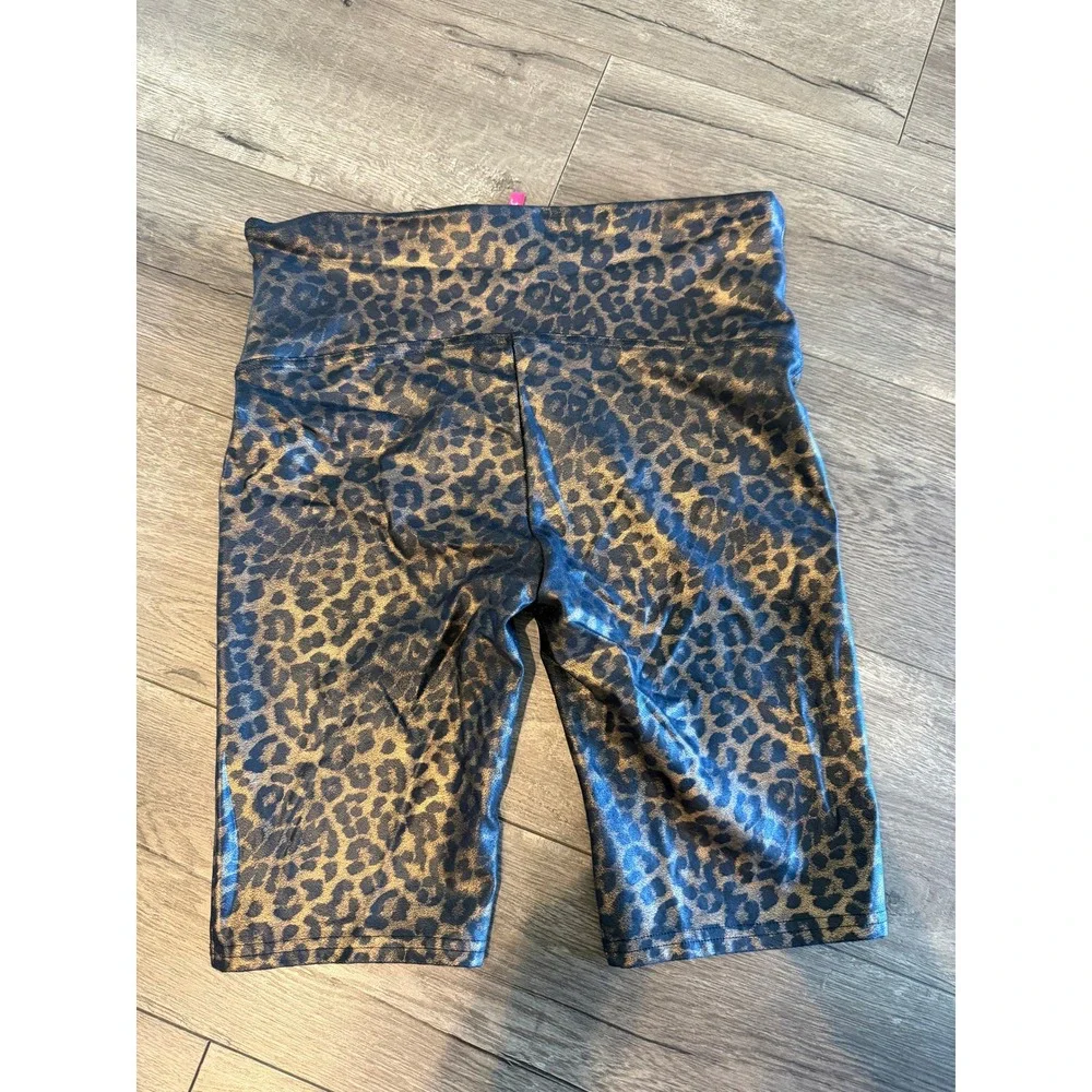 Spanx Faux Leather Bike Shorts Metallic Leopard Animal‎ Print Bronze Black Large